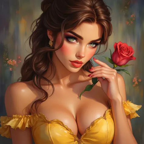 Close up portrait of Belle, in her classic revealing yellow short dress, holding a red rose in a seductive way 