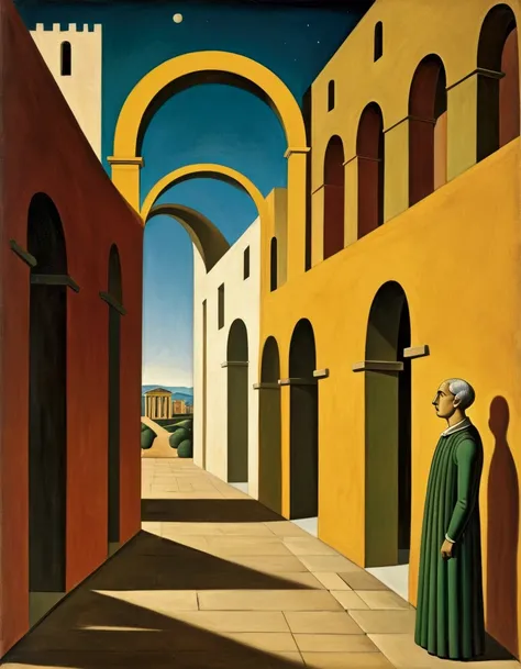 Surrealism and avant-garde art, Giorgio de Chirico art, style of Victor Brauner, Trick Art, Dreams and unconscious representations, psychoanalysis, mysticism, Classical architecture with arches, Ancient Greek sculpture, A long shadow is depicted, The left ...