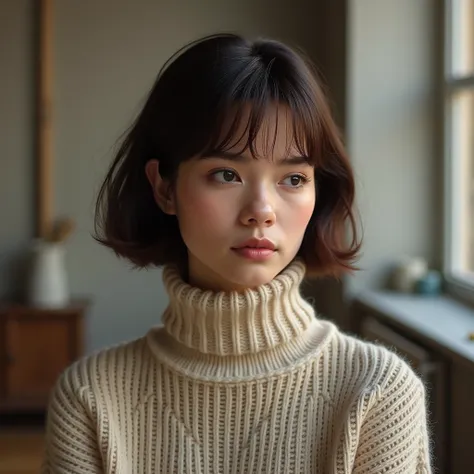 Sweater, turtleneck, french, 25 years old, woman, bobcut, brunette 