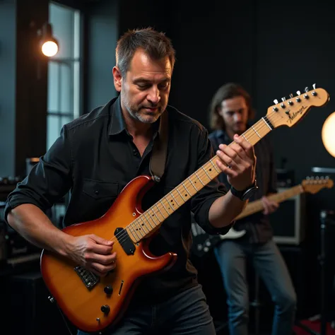 A photo of the instructor teaching or demonstrating on an guitar instrument, cinematic scene, cinematic lighting, ultra realistic, hyper realistic, highly detailed image, Full HD image.