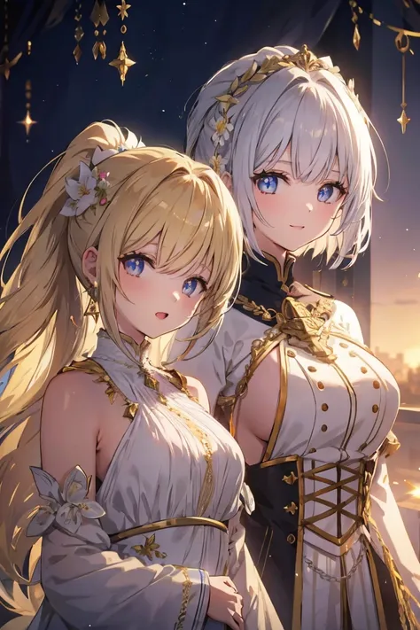 2girls, ( Wave Ponytail ,  hair over shoulder ,  long hair , Very thick hair),  blond or gray hair  , ( beautiful detailed eyes, GOLDEN OR BLUE EYES  , Star-shaped pupils, Diamond-shaped pupils),  open her mouth ,  big smile,  Big Breasts ,  clevis on a st...