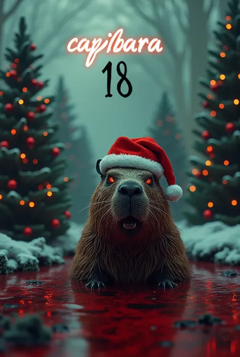 Evil Capybara wearing a Christmas hat in a lake of blood against the background of decorated Christmas trees for the new year and the inscription Capibara 18 in the middle+