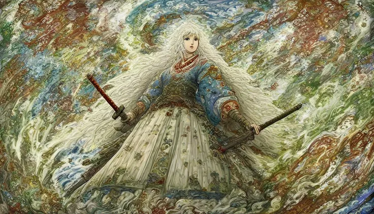  fantasy art ,white hair, Japanese anime style .  girl. middle ages.  Europe. fantasy.  skirt. sword.  Standing . whole body. from below.  