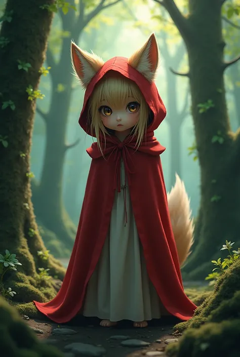 A cute , human half an werewolf and half an gumiho with red riding hood and blonde hair, and ash brown eyed, standing in the aokigahara forest