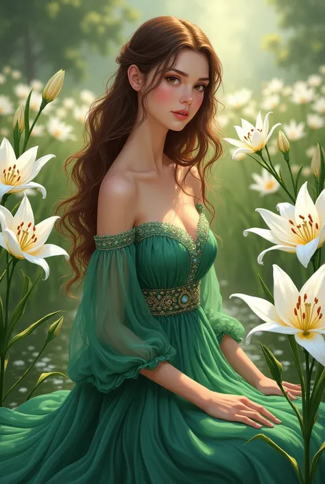 Female Character
Manga/Manhwa design
Long Brown Hair
Brown Eye
Demure Green Dress
She is in a garden of white lilies 
She is a candidate for duchess
She is shy 