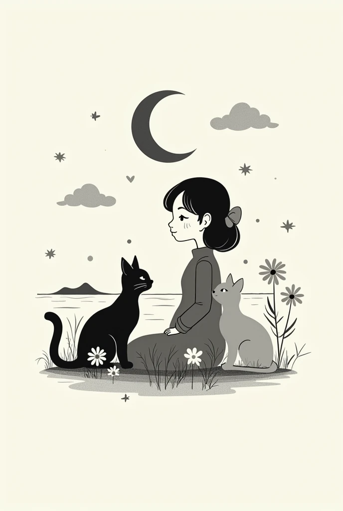 A basic black and white logo with: a vietnamese girl, two cat, sea, moon, autumn, daisy. Vibe retro, basic