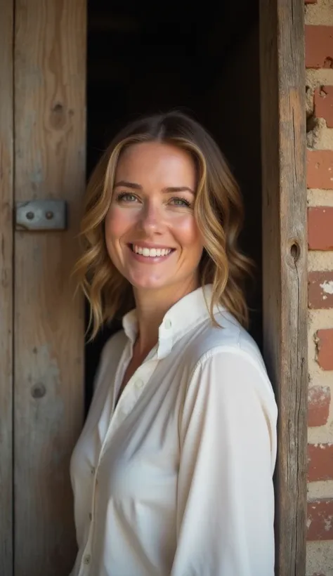 A 35-year-old woman smiling near a rustic wooden gate, dressed in a high-neck blouse.