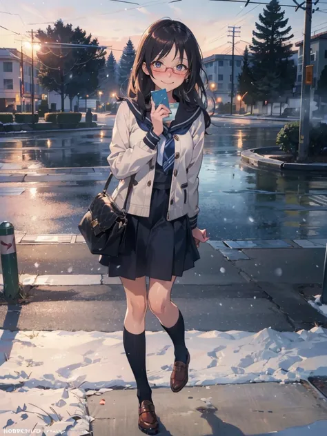 Anime - Illustration of a woman in high school clothes, winter outfit:1.5, anime character, official character art, neat and serious, full body, female anime girl, Posing:1.5, dark long hair, parted bangs, glasses, (Tanned:1.0), Looking at camera, (Embarra...