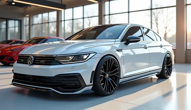 Create a 3d render (front right side) review car design 2025  (Volkswagen Passat) “( white ) colour with a “( Volkswagen ) ” logo on back. “(Passat )  on its  back end look. and Headlights“in pure glossy black with ultra detailed glossy shining image captu...