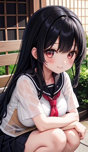  one girl 、smile、 shirt、 skirt、（ small ）Kirarhythm、 Japanese High School Student Uniforms、Sera Clothing、Summer clothes、 uniforms soaked in squalls、（See-through bra）、Upper body portrait、Squatting bench、 black hair long hair , big breasts