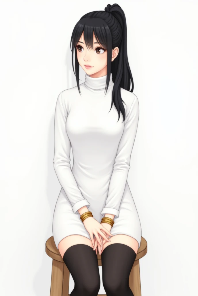 The image is a digital illustration of a young woman sitting on a stool.

She is wearing a white turtleneck dress with a high neckline and long sleeves. The dress is knee-length and falls above her knees.

She has long black hair styled in a high ponytail ...