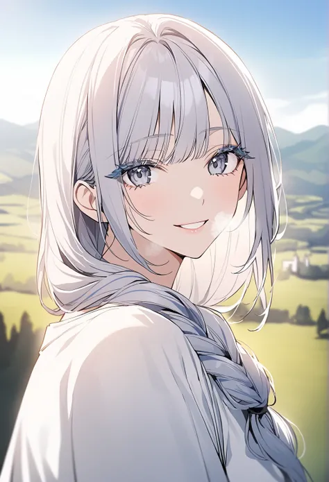 shoujo-style, masterpiece, best quality, 1 girl, (solo:1.1), gray eyes, side braid, bangs, white hair, colored eyelashes, white maxi dress, smile, close mouth, Narrow shoulders, heavy breathing, beautiful landscape view, green fantasy landscape, blue sky, ...