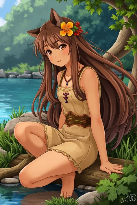 (masterpiece、 top quality、 top quality、 Official Art 、 beautiful and beautiful :1.2)、8-****-***、 cute girl、Anime character Brazilian indigenous adult female, Beige dress, Brown Skin,   long hair with bangs, Sitting by the river, masterpiece,  top quality, ...