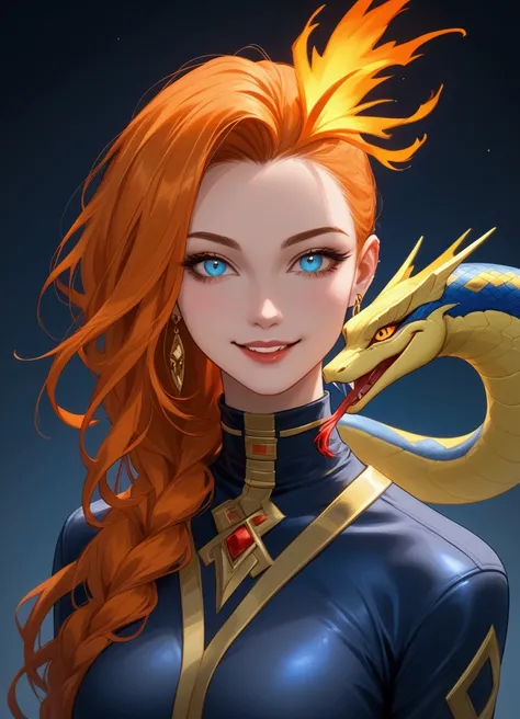  art in 4D vivid colors Full HD 100 Detailed features realism dark atmosphere oily electric and a big black moon in the background, Legendary girl sexy Kammy  + Jinx lol, gold yellow Neon Red orange hair, (blue black big snake-eye),  smiling lion-like powe...