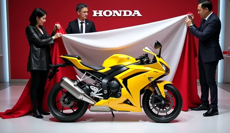 Here’s a prompt that closely resembles the image you provided:

"A grand unveiling ceremony for a new yellow Honda sport motorcycle, with sleek and aggressive styling, displayed in a modern showroom. A red and white drape is being pulled off the bike by th...