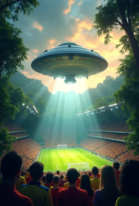 A football stadium surrounded by a lush Amazon rainforest at twilight. A gleaming silver spaceship hovers above the pitch, casting a bright light, with stunned fans in the background looking up in awe. Caricature-style artwork with vibrant colors and drama...