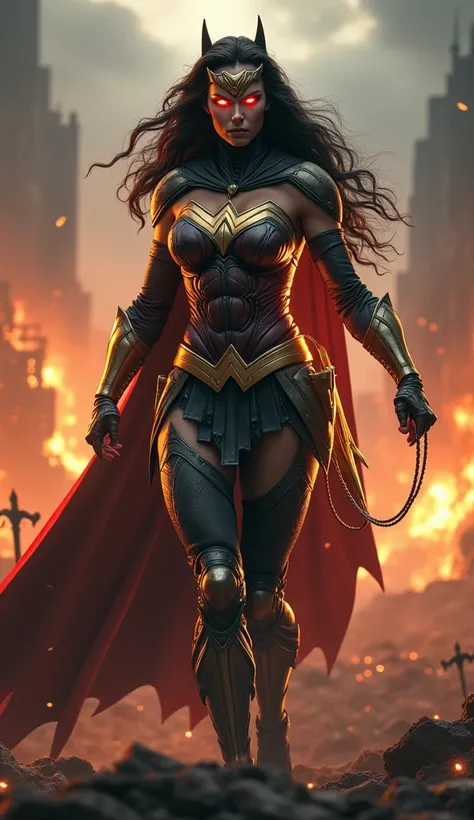 A monstrous fusion of Wonder Woman and Batwoman, combining their features into a terrifying yet majestic entity. The figure has Wonder Woman’s armor melded with Batwoman’s sleek black suit, glowing golden accents on one side, and shadowy red highlights on ...