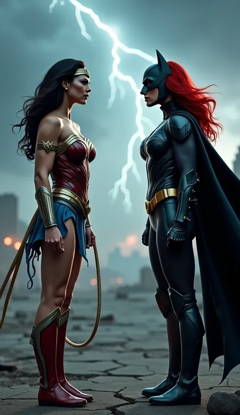 A dramatic scene featuring Wonder Woman and Batwoman, both in an intense standoff, facing each other with expressions of pure anger. Wonder Woman is clad in her iconic armor with her lasso glowing faintly, while Batwoman is in her dark, tactical suit, her ...