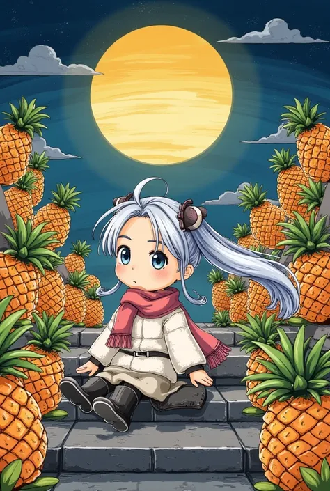 (masterpiece、 top quality、 top quality、 Official Art 、 beautiful and beautiful :1.2)、8-****-***、 cute girl、( chibi, Pineapple, one girl: 1.4), (Masterpiece, almond-shaped eyes, glossy white-blue hair, short chignon hair, top quality, carefully drawn finger...