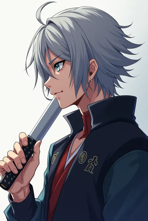  anime style、male、profile、 jacket、 Japanese Knife 、Grey Hair,  hair hanging over shoulders , 