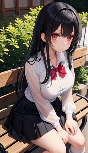  one girl 、AS-Adult、 shirt、 skirt、 black hair long hair , big breasts、Kirarhythm、 Japanese High School Student Uniforms、Sera Clothing、Summer clothes、（See-through bra）、Upper body portrait、wind、Squatting bench、