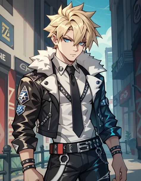 Human Male ,punk Clothing ,fur Jacket , Blonde haircut, Zenless zone zero Style,  Belt pants  zzzpony , blue pupils , Black Tie , 