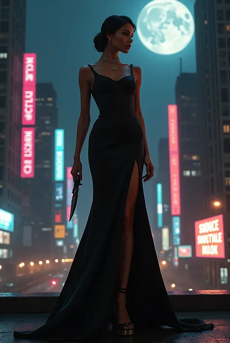 A glamorous 1960s female spy, dressed in an elegant evening gown with a hidden knife strapped to her thigh. Posing confidently on a rooftop at night with a cityscape of skyscrapers and glowing billboards in the background. Soft moonlight and neon reflectio...