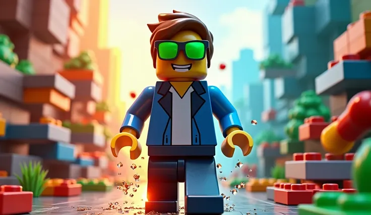 Create a highly detailed 3D-rendered thumbnail in a block-style, pixelated aesthetic inspired by Minecraft, transitioning into a vibrant Lego-style world.

The focal point is a man with short brown hair, wearing bright green pixelated sunglasses. He is dre...