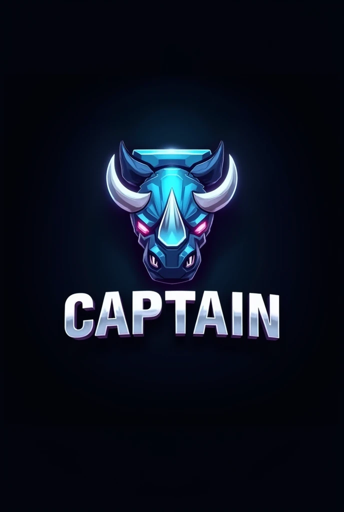 mobile game logo with name "CAPTAIN" and iconic simbol is "Head Rhinoceros in letter T" with blue, silver, and white colour. black background. 