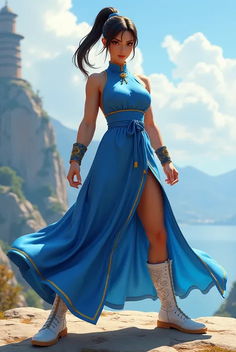 Chun Li in guard pose, blue dress,  white boots ,  Vista de cuerpo completo,  Realistic Image