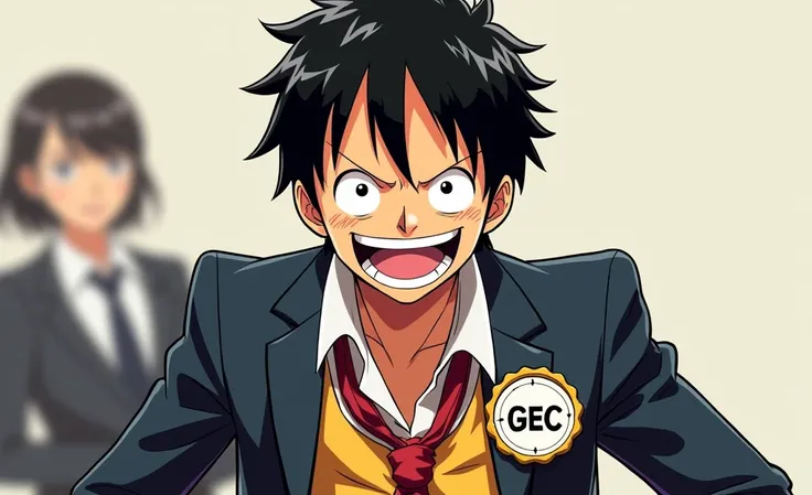 Monkey d Luffy portant un costume de graphiste professionnel sur le quel il y a un badge ou il est marqué "GEC"
Sourire, Seins, Rougi, 1 fille, 