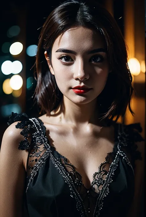 instagram photo,front shot,portrait photo of a 24 y.o woman,wearing dress,beautiful face,cinematic shot,dark shot,