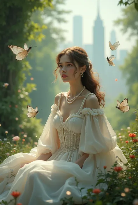  a beautiful woman , sitting, wearing a white medieval dress ,  around her neck she has a pearl necklace ,  is surrounded by woods and city ,  her hair is wavy and butterflies and birds come out of her,  there are microphones and musical notes flying 