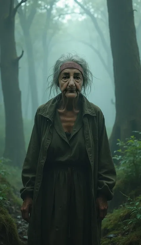 figure of an old woman coming out of the misty forest, ultra realistic