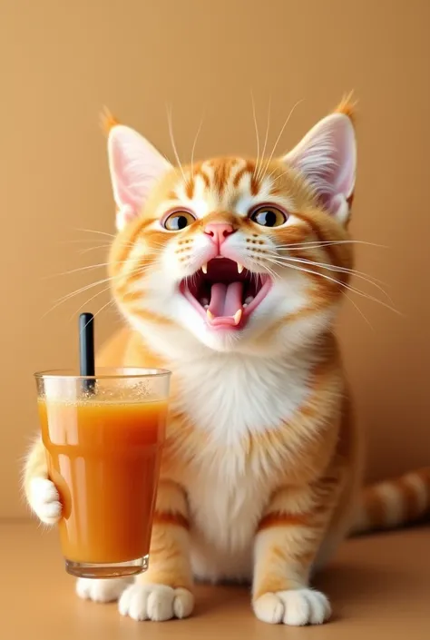 "A very orange cat with the happiest facial expressions and adorable big smile . This cat is smiling cheerfully , still has signs of teh tarik around its mouth . The cat is elegance and extra soft cat fur of bright orange color , with white on the chest an...