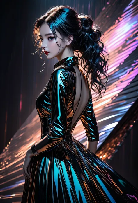 medium shot, beautiful woman, iridescent shining glossy silky black messy half updo, hair over one eye, vivid and seductive expression, thin flat slender body line, vivid color gothic style satin dress, professional composition, copper plated, dull silver,...