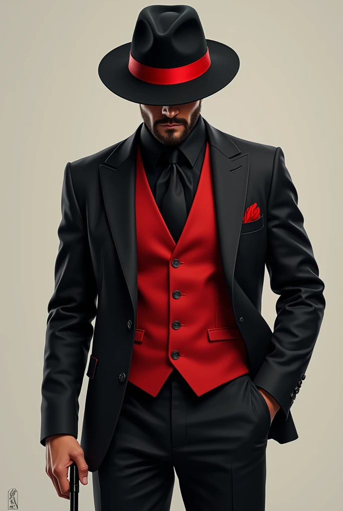 A Brazilian man
stylish, stopped.
 Black pants dress ,  long sleeve black dress shirt ,  red vest and a black hat with a red stripe 
A full beard, small, Its not big, bem small 
O chapéu esconde seus olhos. You cant see your eyes .  You cant see his eyes b...