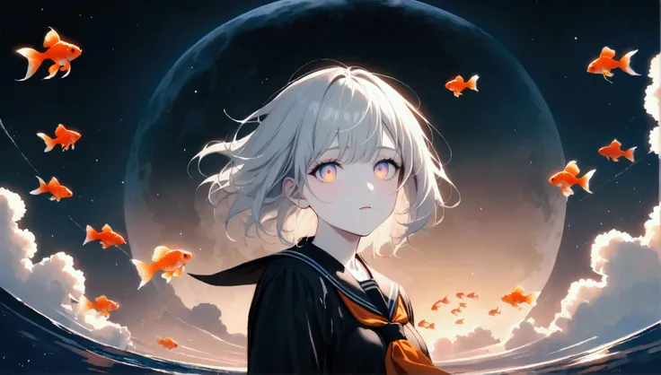 Looking at viewer,Upper body,(woman(student, Age 15, ＪＫ,  short hair,  Silver Hair, Floating Hair, Space-colored eyes ,  black sailor suit (High school),  pale skin,  tired face,  and theres no light in my eyes)  is looking up at the sky), (Many goldfish a...