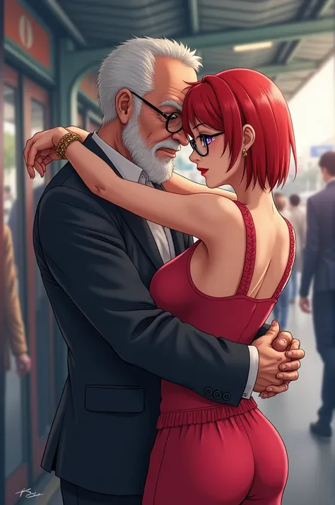 Hug old man)),1man,1girl,hug,Nishikino maki, Purple eyes, red hair, lipstick,red tank top, tight pajamas pants,glasses, bracelet, realistic art, cowboy shot, sexy, on train station