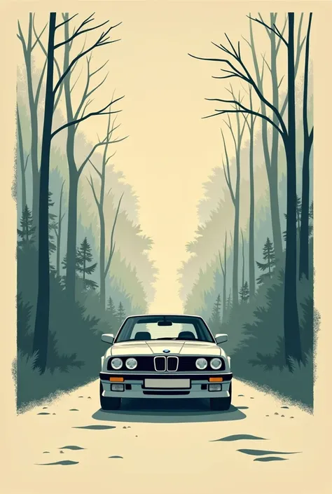 create a BMW , without a car ,  poster in retro style and in Inkscape, more retro
,  make the picture easier, with straight lines 
, make the forest easier , without a car  и more retro стиля
больше папируса
