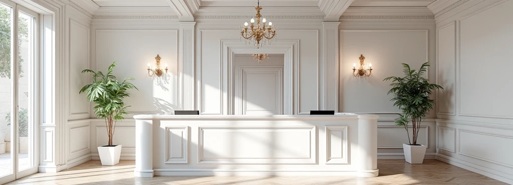 
"Create an interior design visualization for a reception area in a classical architectural style. The walls should feature elegant, meticulously detailed wainscot paneling to emphasize timeless sophistication. The reception desk must incorporate classical...