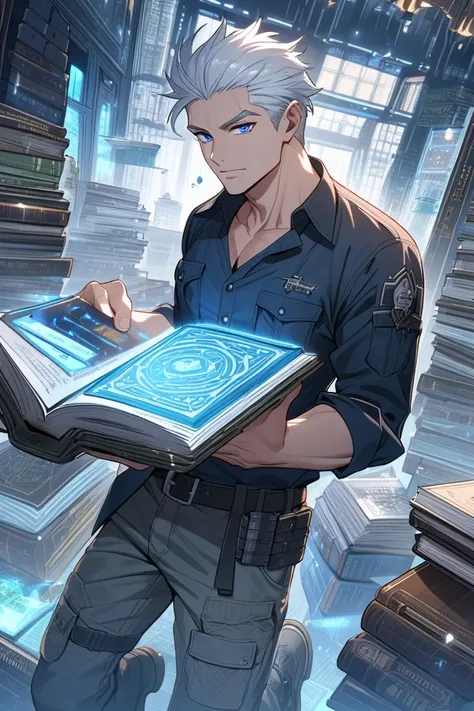 Handsome man, 30 years old, white hair, blue eyes, witch hat, cool shirts, cargo pants, thick shoes, magic book, futuristic library