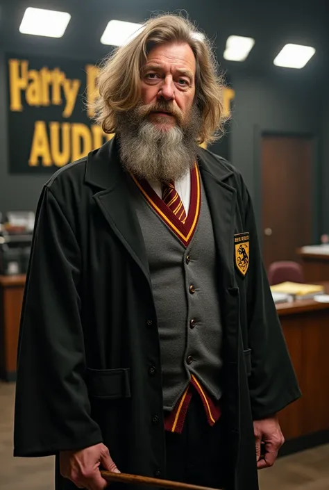 "A realistic and humorous portrayal of a 42-year-old man dressed as Hermione Granger for a Harry Potter audition. The man has a rugged face with visible wrinkles and a beard, wearing Hermione’s iconic Hogwarts uniform, complete with a Gryffindor tie and wa...