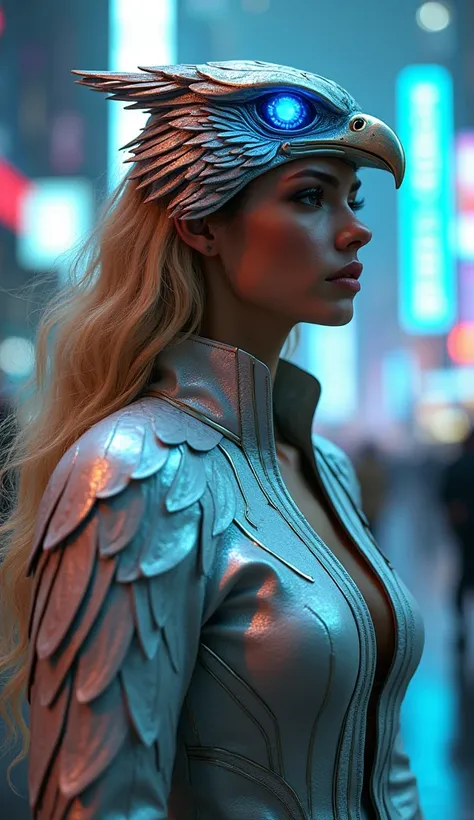 A young woman with blond hair, standing in profile with a serene look, wearing a sleek, futuristic eagle feather-inspired coat designed in the style of Paul Gaultier. The feathers are metallic and iridescent, shifting colors with a holographic sheen. She w...