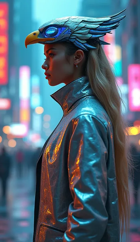 A young woman with blond hair, standing in profile with a serene look, wearing a sleek, futuristic eagle feather-inspired coat designed in the style of Paul Gaultier. The feathers are metallic and iridescent, shifting colors with a holographic sheen. She w...