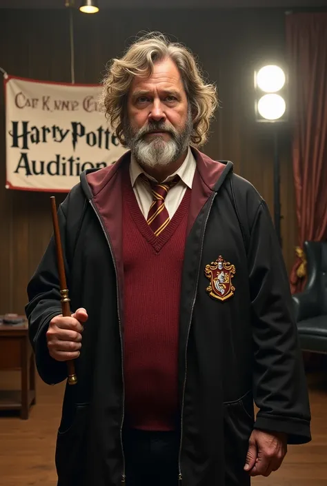 "A realistic and humorous portrayal of a 42-year-old man dressed as Hermione Granger for a Harry Potter audition. The man has a rugged face with visible wrinkles and a beard, wearing Hermione’s iconic Hogwarts uniform, complete with a Gryffindor tie and wa...