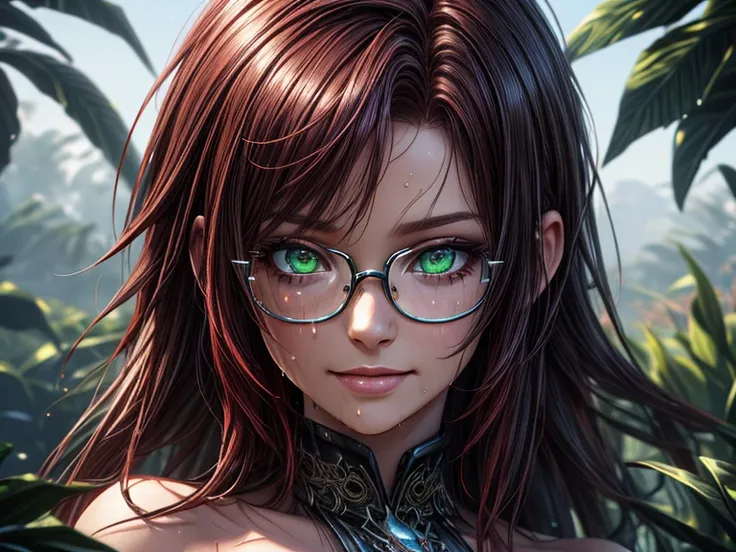  close-up . Face among the leaves, Short,  red hair ,  green eyes ,  metal-framed glasses , naked, wet,  smiling girl. ( masterpiece fails,  top quality,  Best quality ,  official art ,  beautiful and aesthetic :1.2),  extremely detailed ,( fractal art :1....