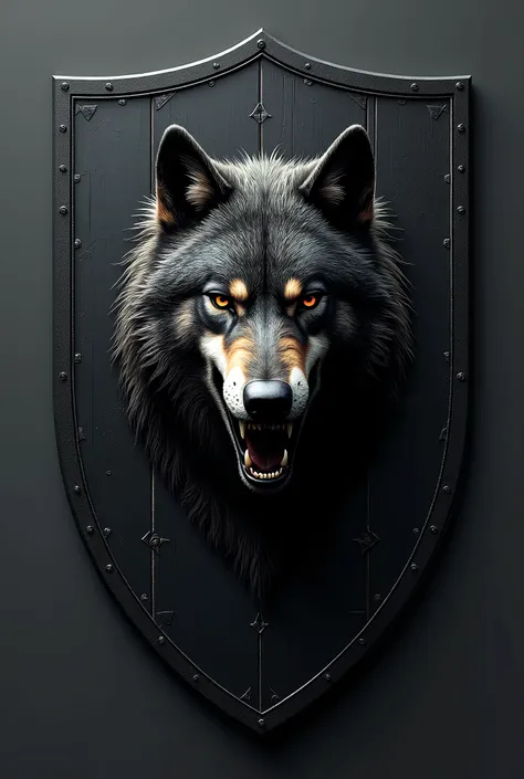 A black shield with a realistic wolf in the middle