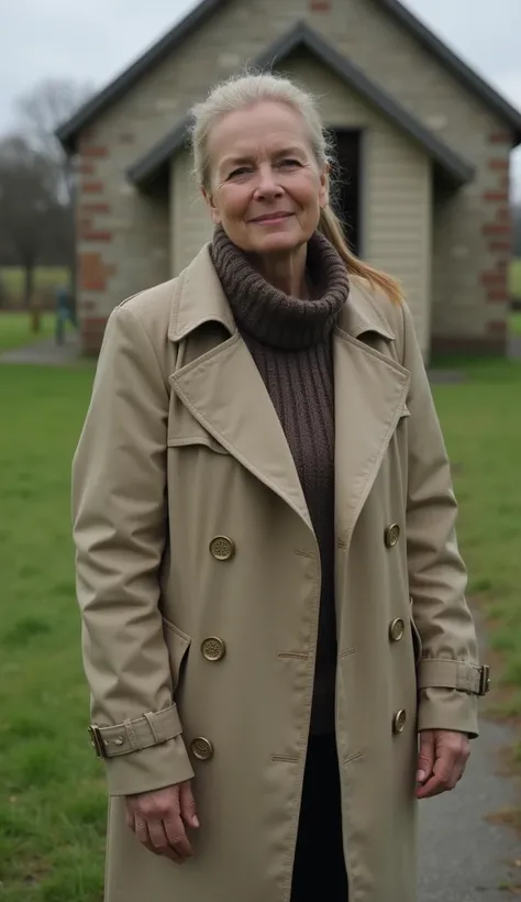 A 37-year-old woman standing near a small chapel, wearing a trench coat.