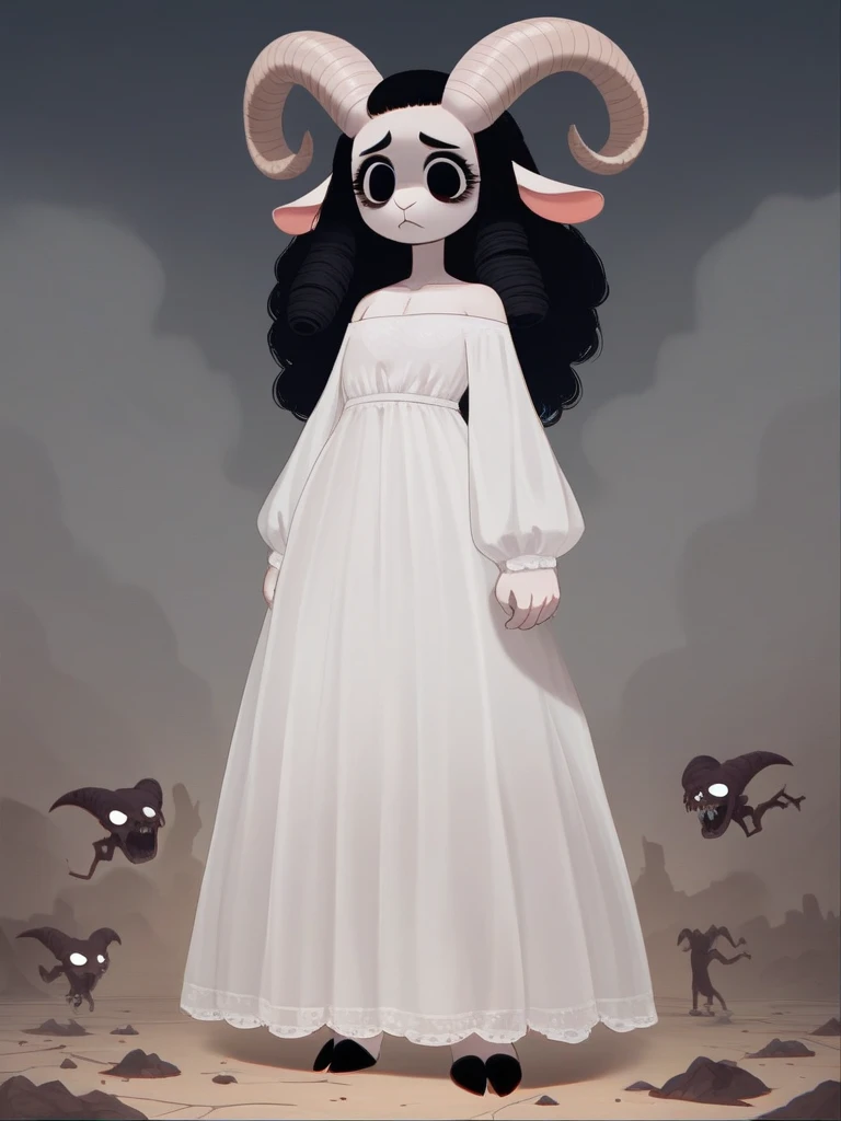 furry female goat , horror movie , scream , Fear, creepy , Behind her is a giant Satan
 , Tall, long eyelashes, deep dark eyes, beautiful hair, beautiful bone structure 
, erotica , Transparent lacy dress
, Mature , Euphoria , (coquettish) , (bold action) ...